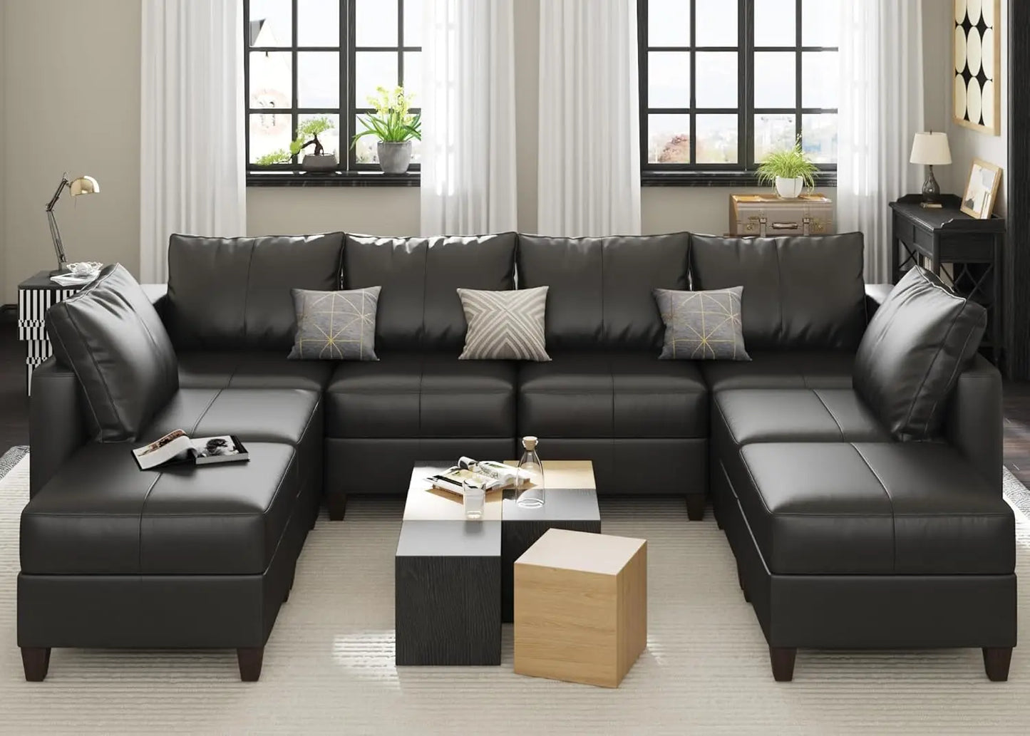 AVERY LuxOra Faux Leather U-Shaped Modular Sectional Sofa | Convertible Sleeper with Storage Ottomans – 118.2″ W