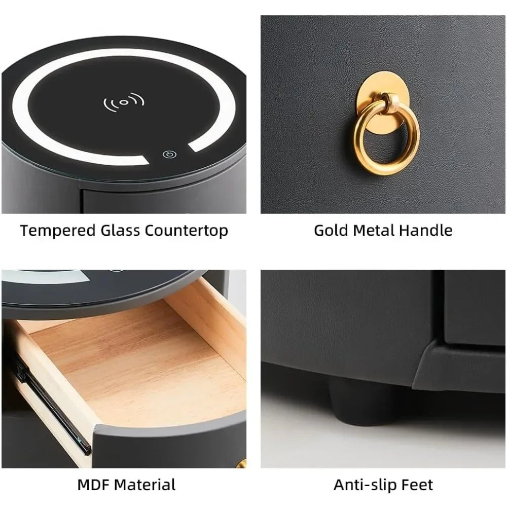 MCKENNA Modern Round Nightstand Set of 2 with Wireless Charging & LED Lights - 18.1''