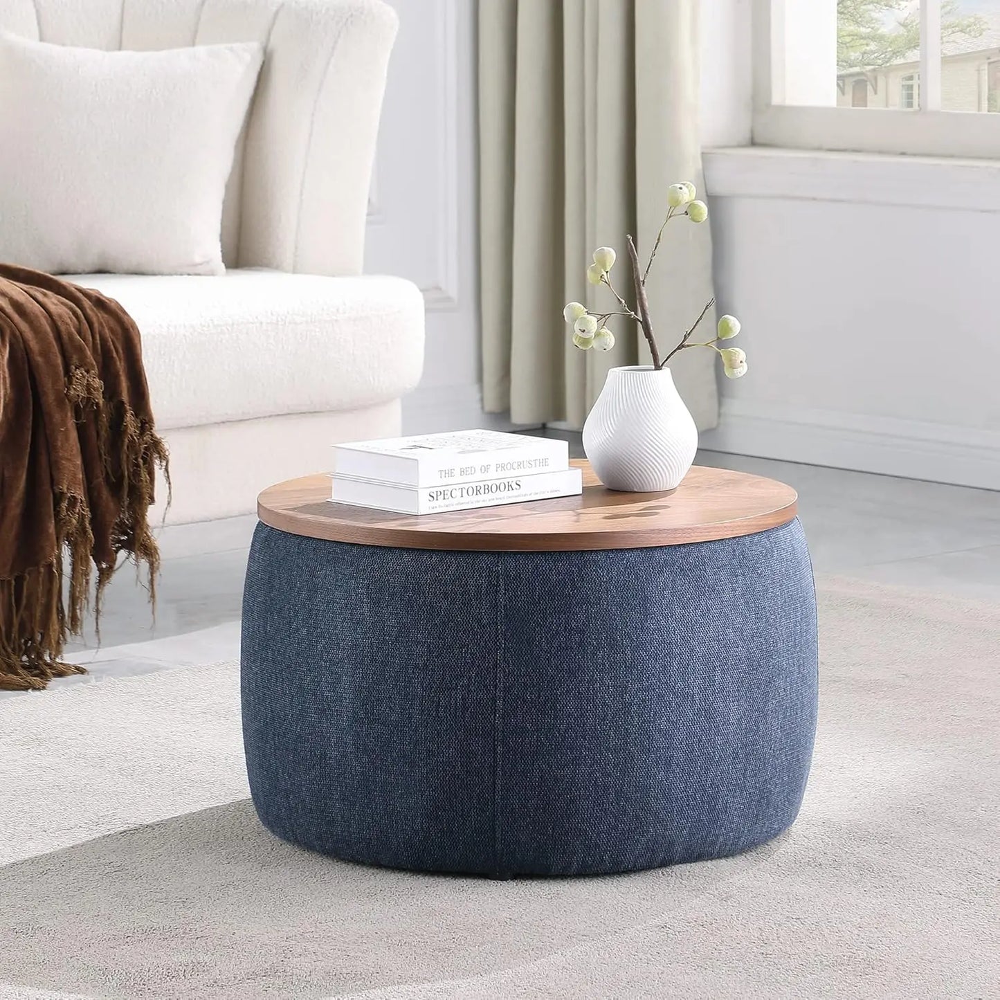 KAYLA Round Velvet Ottoman Storage Coffee Table – 26"W