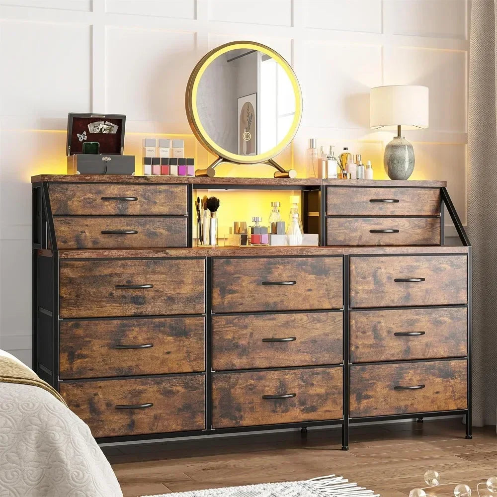 OPHELIA Modern Wide Storage Dresser – 13 Drawer Organizer with Open Shelves | 55.1'' W