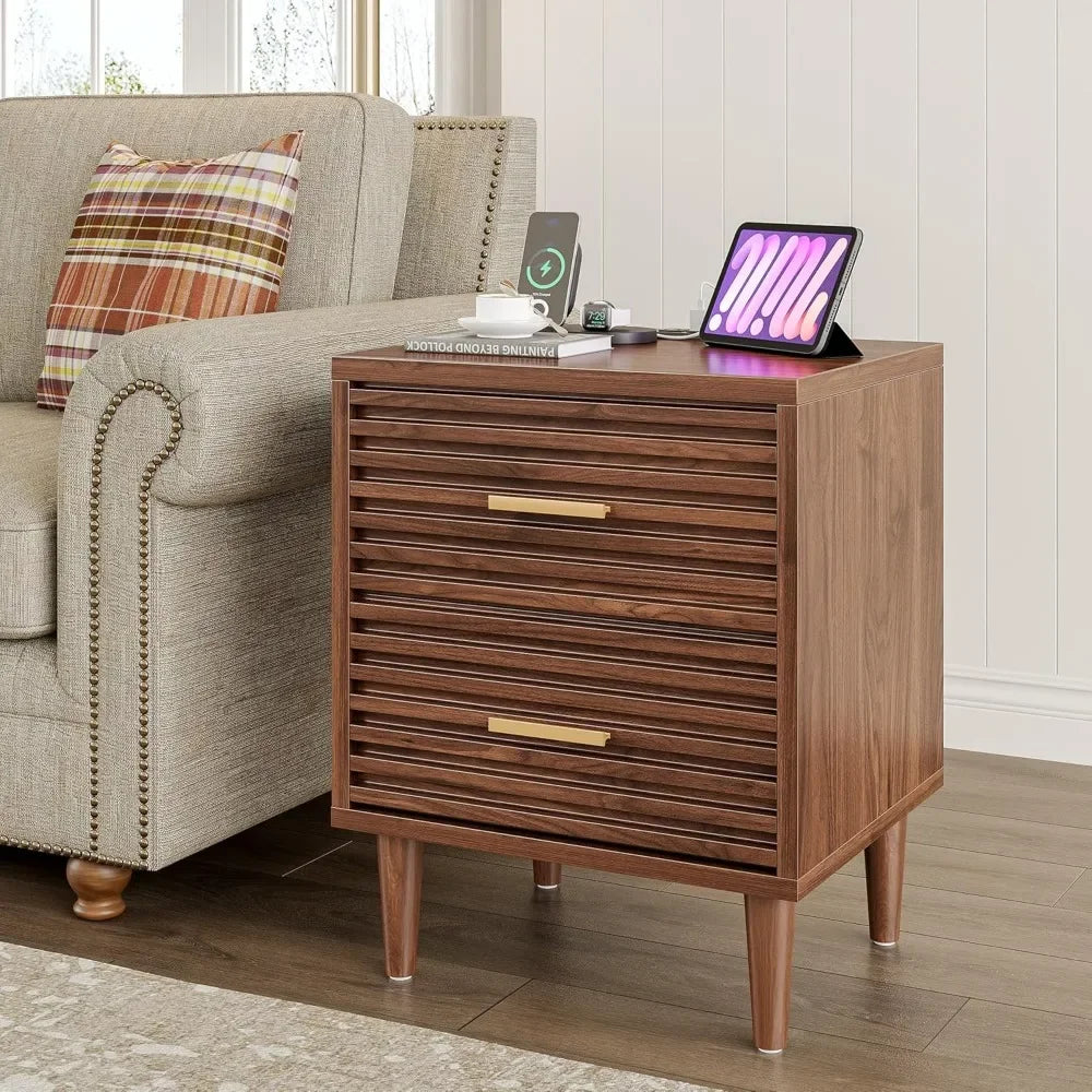 ALYSSA Modern Nightstand with Charging Station - 19" Wide Bedside Table with 2 Drawers