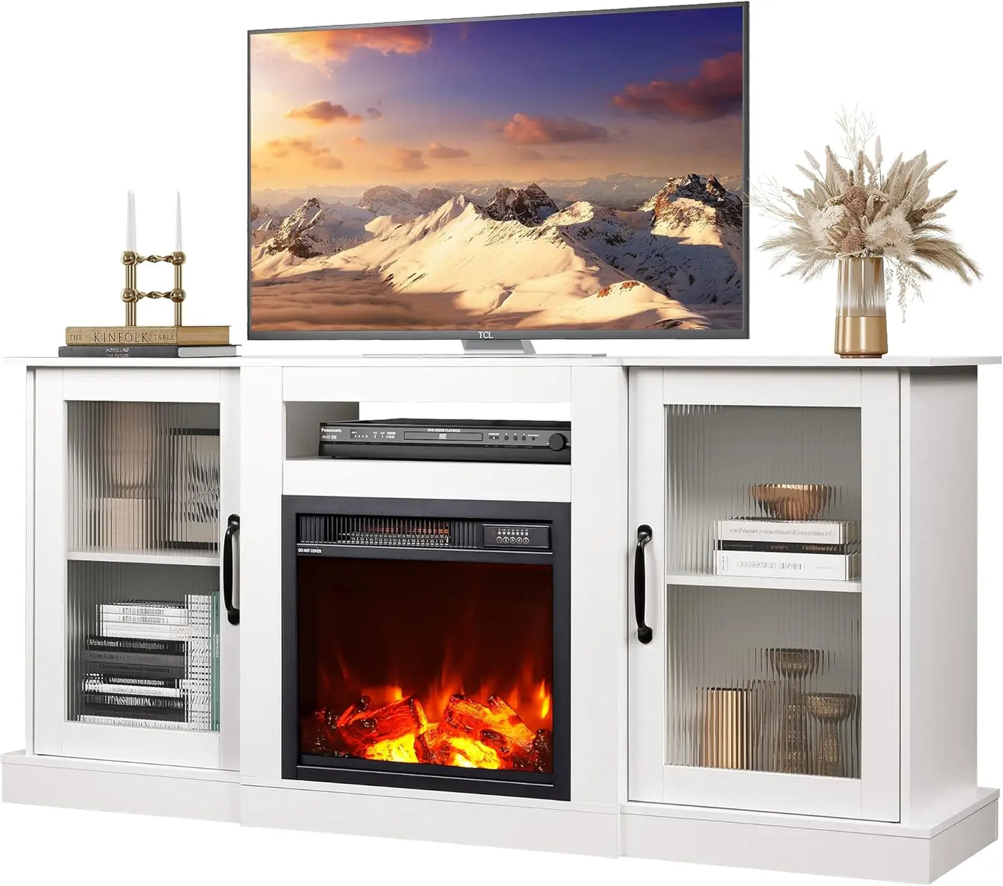 TYLER Retro TV Stand with Fireplace, Entertainment Center - 58" W