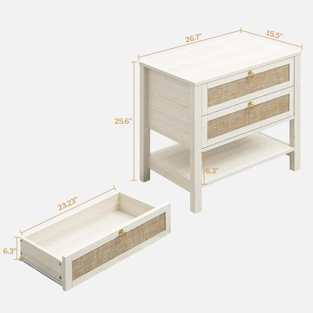 VANESSA White Boho Rattan Nightstand with Drawers & Storage Shelf - 26.7" Wide Bedside Table