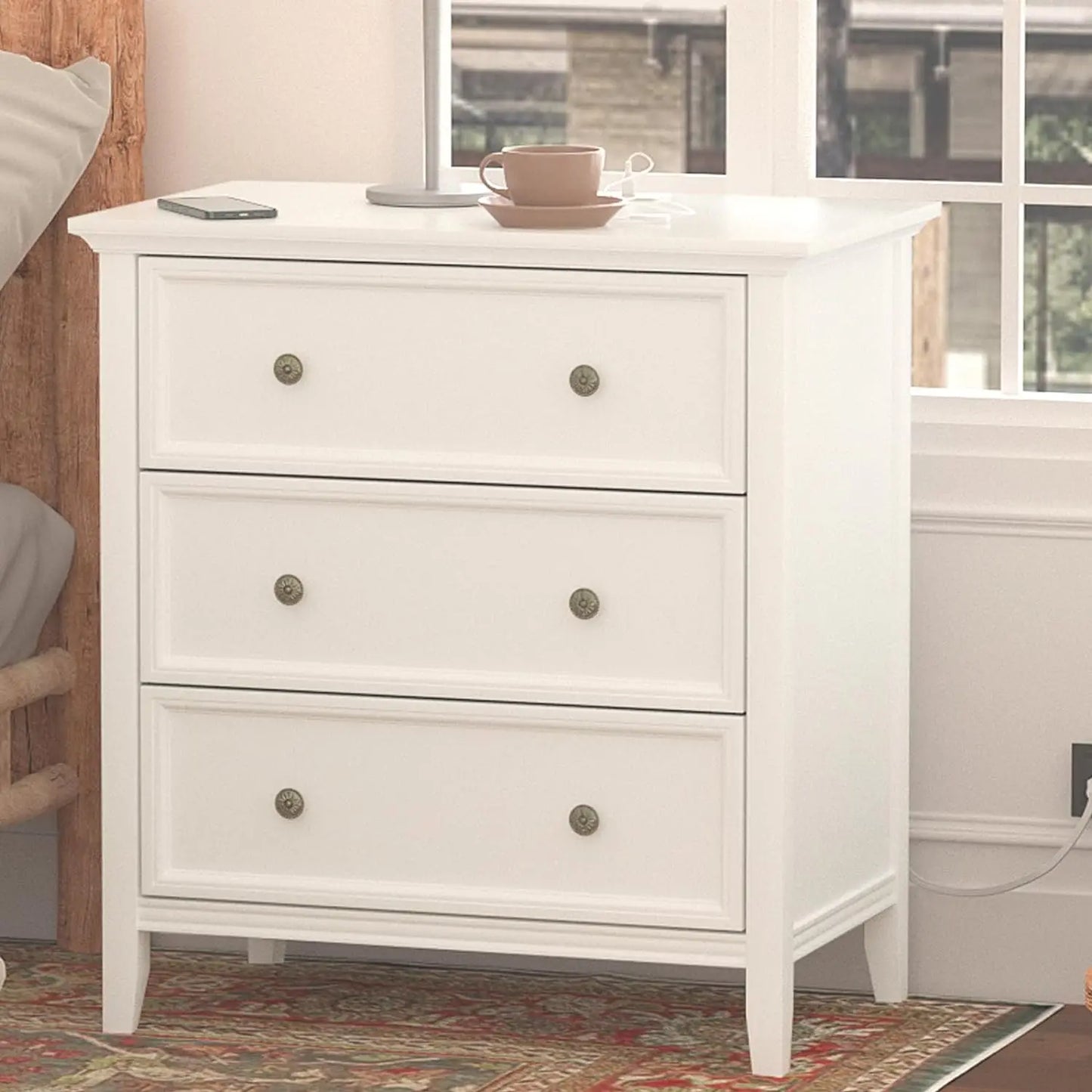 MYA Modern Farmhouse Nightstand with 3 Drawers & Charging Station - 27.6'' Wide