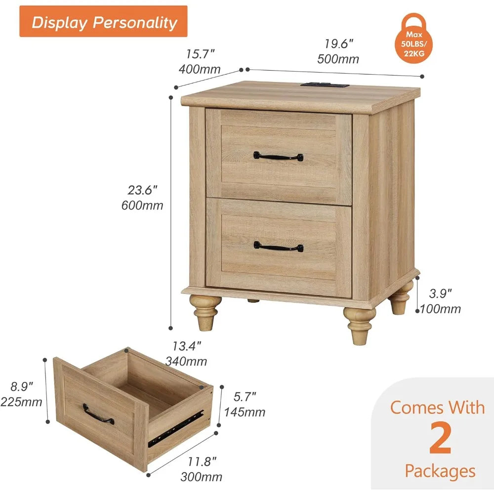 TESSA Wooden Nightstand Set of 2 - 2 Drawer Bedside Table with Charging Station