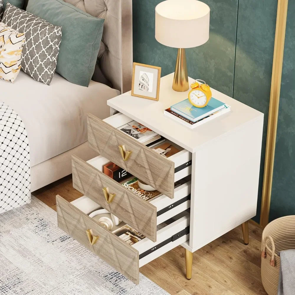 AZALEA Modern 3-Drawer Nightstand with Golden Legs - 19.69" W Stylish Bedside Table