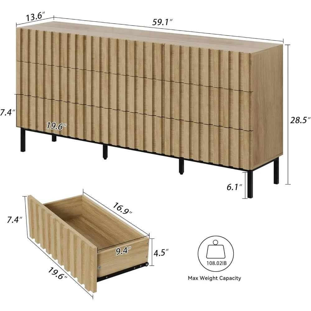 ROWAN Mid-Century Modern Fluted 9 Drawer Dresser - 59" Wide Wood Chest of Drawers