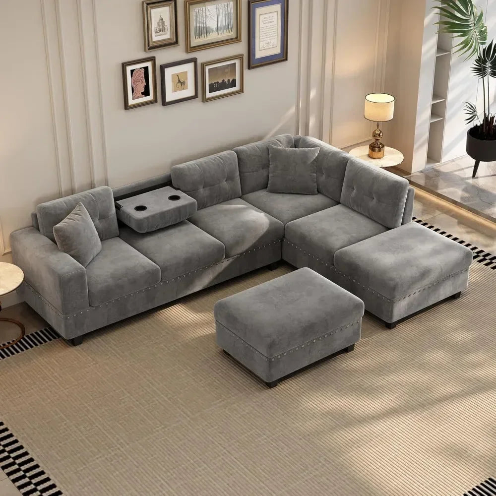 EVERETT ReversaMax Modern L-Shaped Sectional Sofa with Ottoman – Polyester Fabric Couch | 105″ W