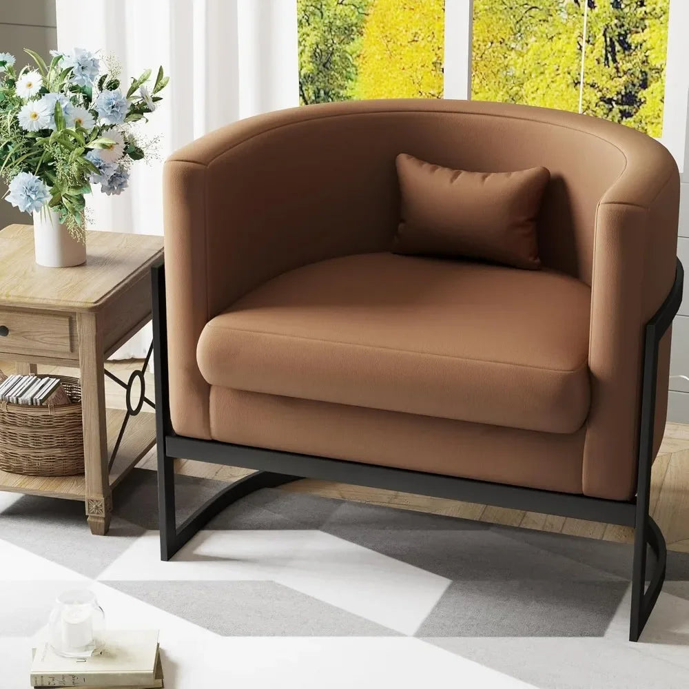 MICAH Brown Faux Leather Barrel Accent Chair – Modern Upholstered Armchair - 31" W