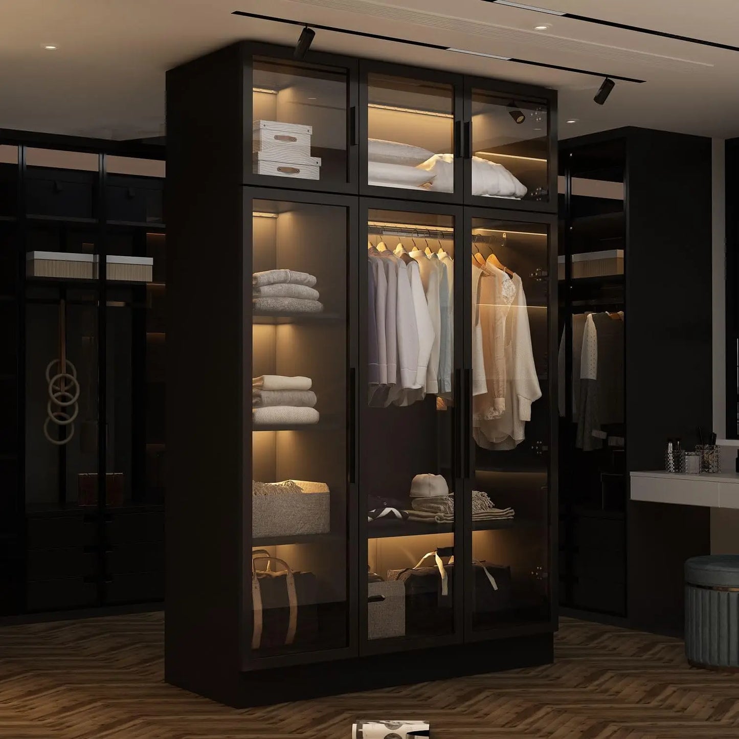 EVERLEE Modern Glass Door Wardrobe Armoire – LED-Lit Closet with Hanging Rod & Shelves