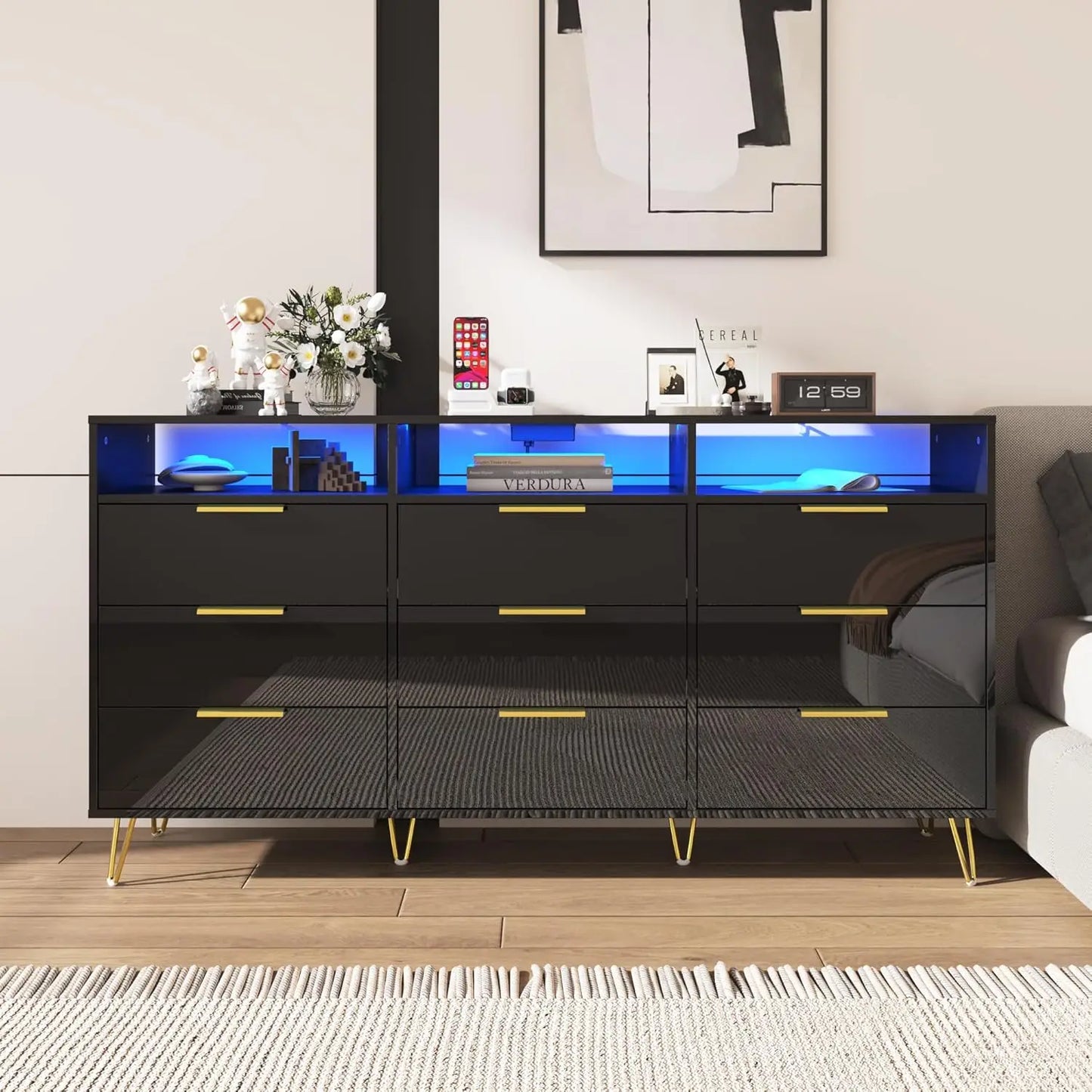 LOLA Modern High Gloss LED Dresser – 6 Drawer Chest with Gold Legs & Open Storage | 55.1'' W