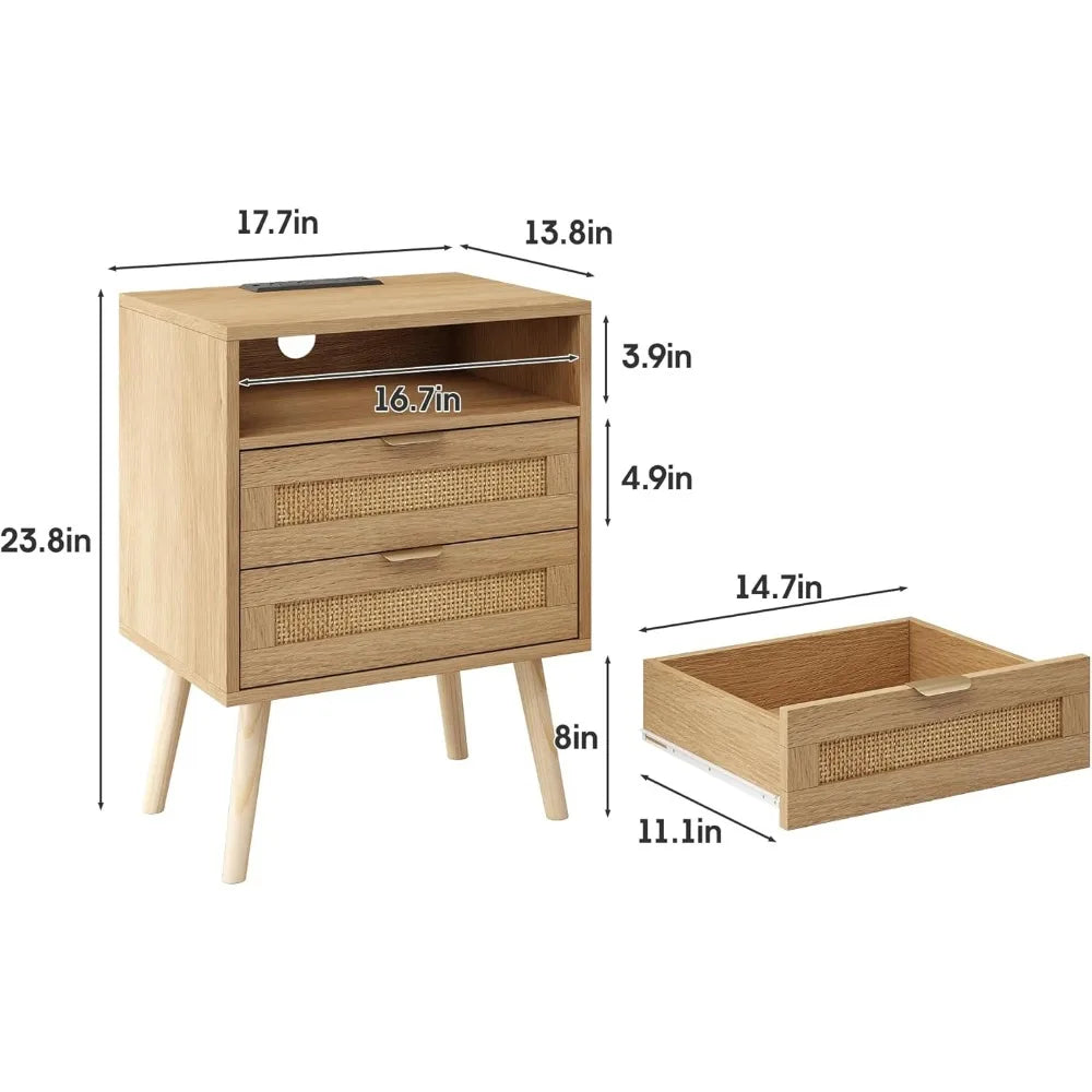 JAYLA Boho Rattan Nightstand with LED & Charging Station – 17.72'' Wide, 2-Drawer Bedside Table