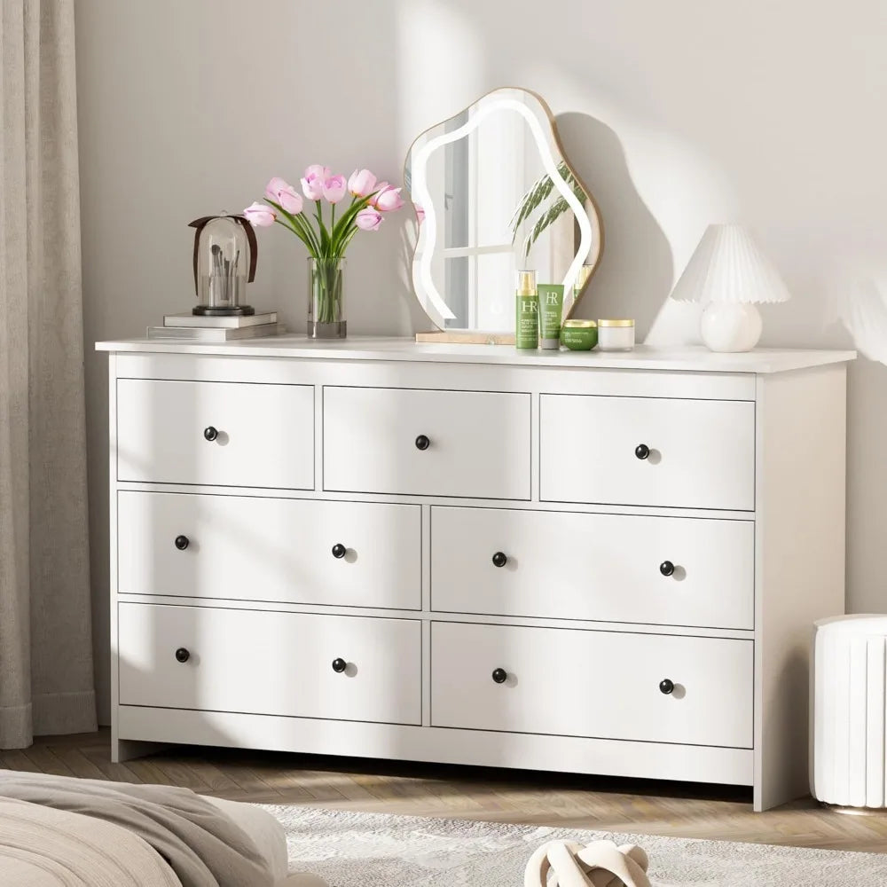 BRYNLEE Modern Minimalist 55'' Wide 7-Drawer Wood Dresser with Gold Handles