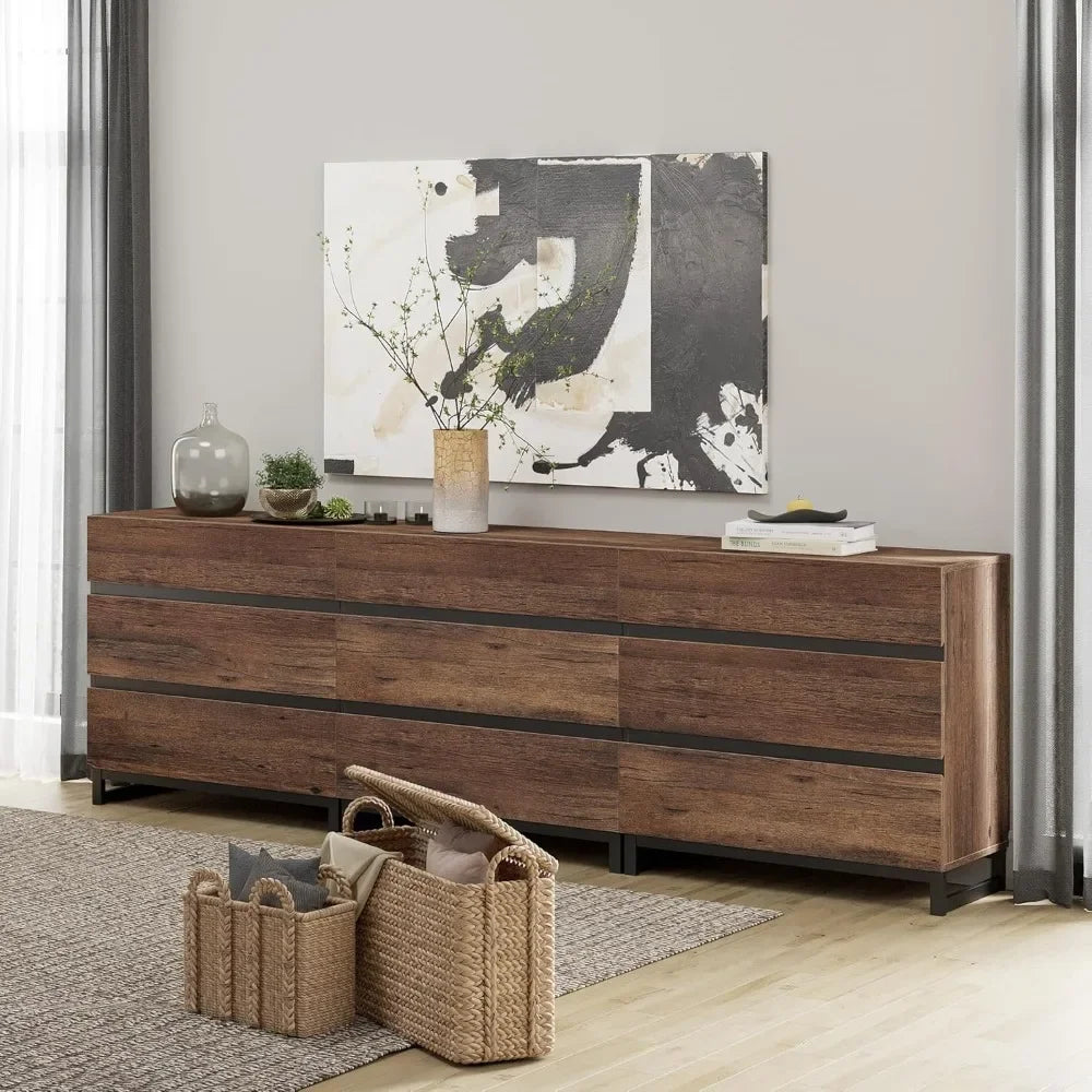 ASPEN Rustic Brown 9-Drawer Modern Wooden Dresser – 94.5'' Wide