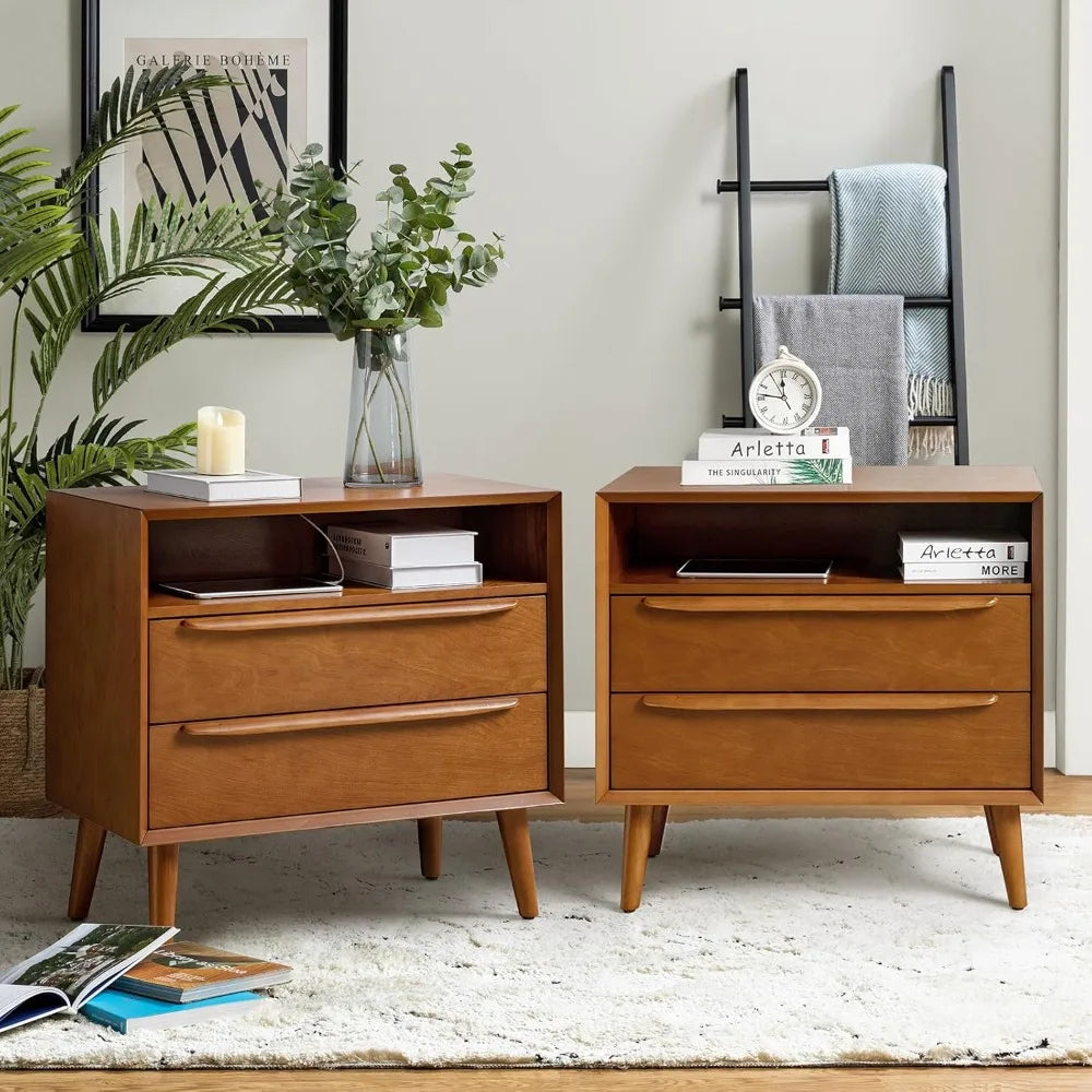 ESMERALDA Modern 28" Wide Nightstand with Charging Station, 2 Drawers & Open Shelf