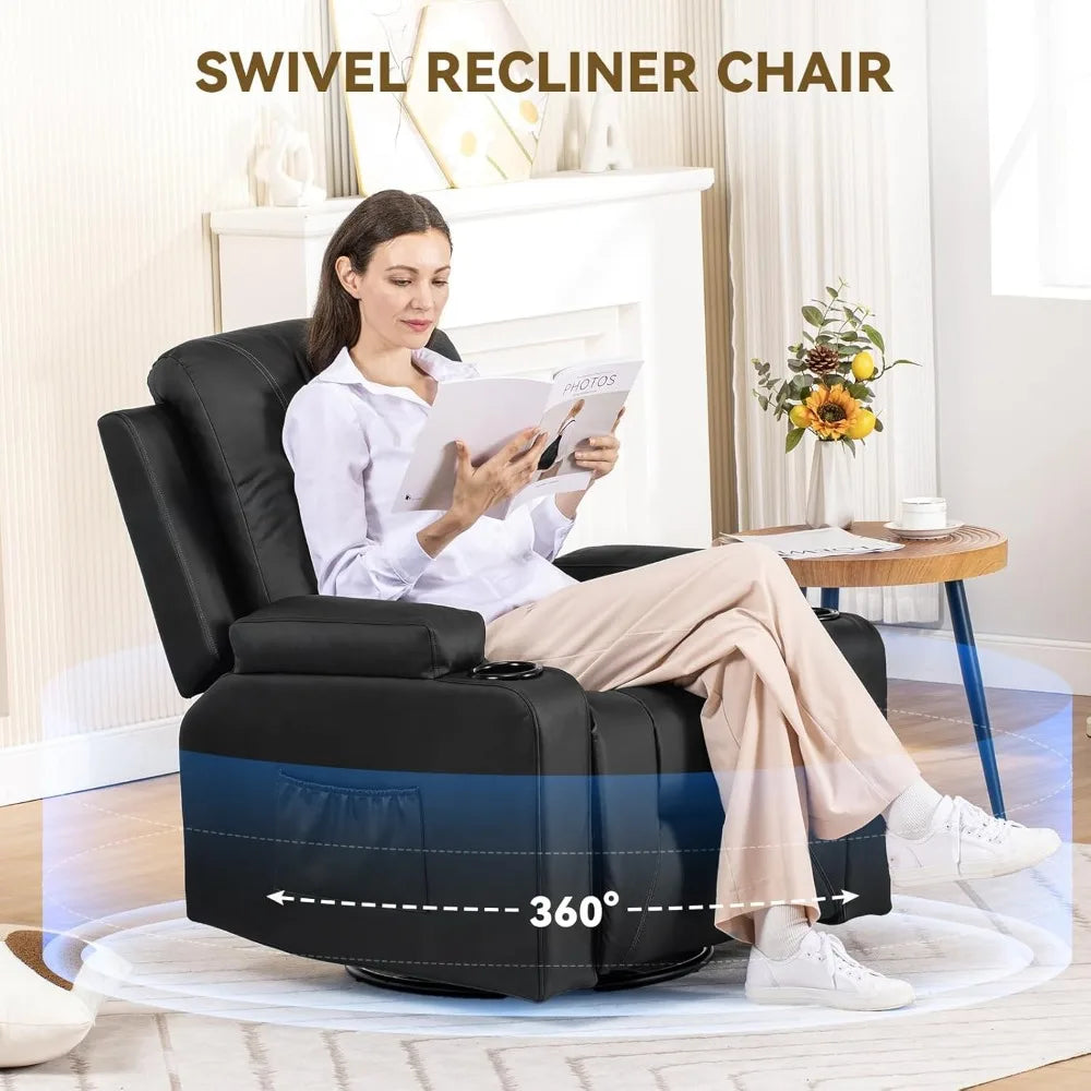 NORA Swivel Rocker Recliner Chair - Massage & Heat - Modern Faux Leather - 24" W