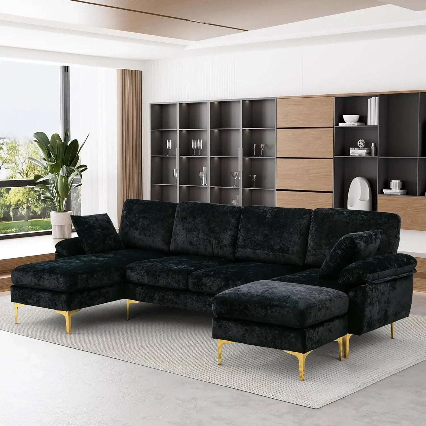 RYKER Modern Velvet U-Shaped Sectional Sofa with Chaise & Ottoman – Sectional Couch – 114.17" W