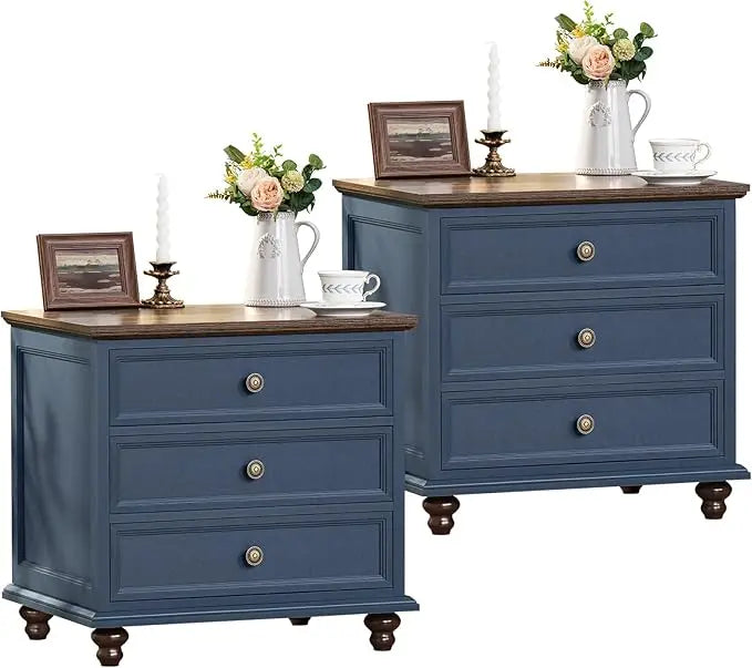 NAYELI Wide Nightstand Set of 2 – Solid Wood End Table with 3 Drawers for Bedroom