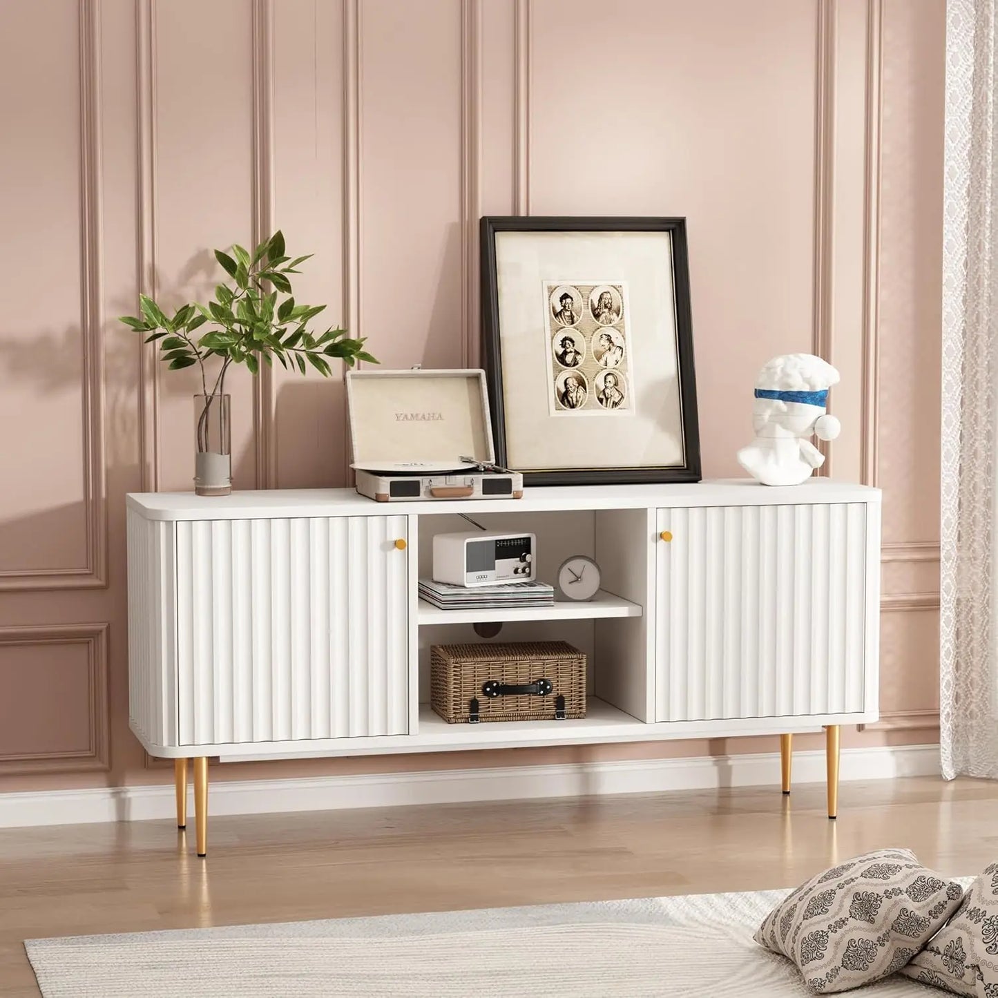 KAIDEN Lyra White Fluted TV Stand – Mid-Century Modern Media Console Entertainment Center – 55" W