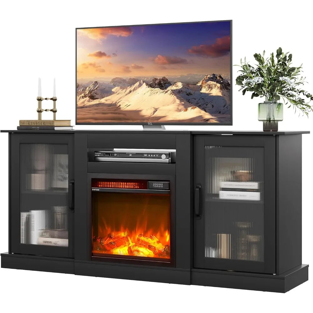 TYLER Retro TV Stand with Fireplace, Entertainment Center - 58" W