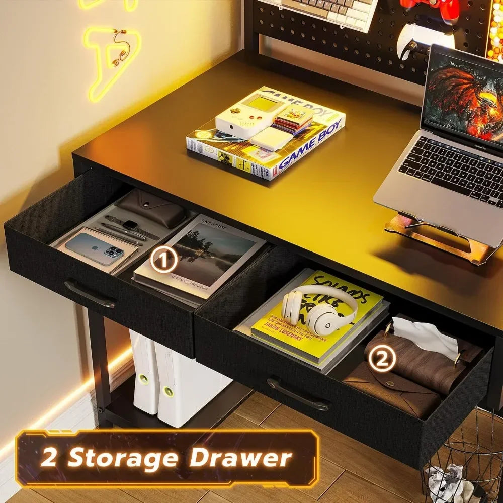 EMMA Gaming Desk with LED Lights, Pegboard, Drawers & Monitor Stand - 54.3"W