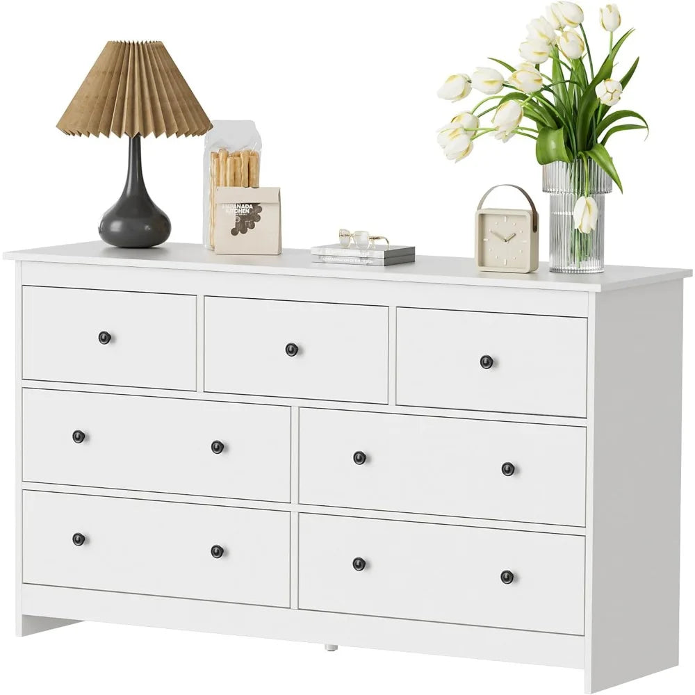 BRYNLEE Modern Minimalist 55'' Wide 7-Drawer Wood Dresser with Gold Handles