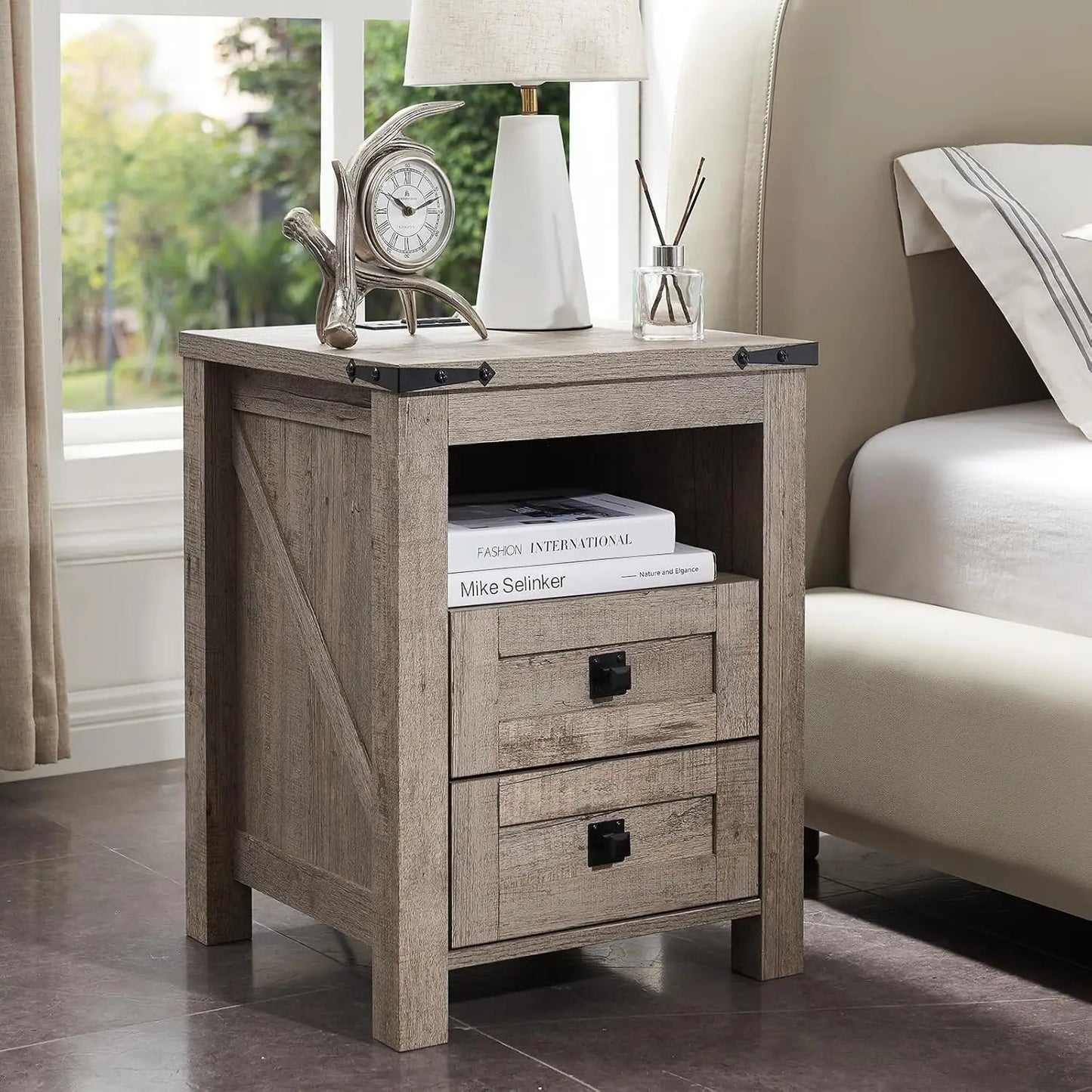 CHARLEE Rustic Farmhouse Nightstand with Charging Station & Storage - 18'' Wide