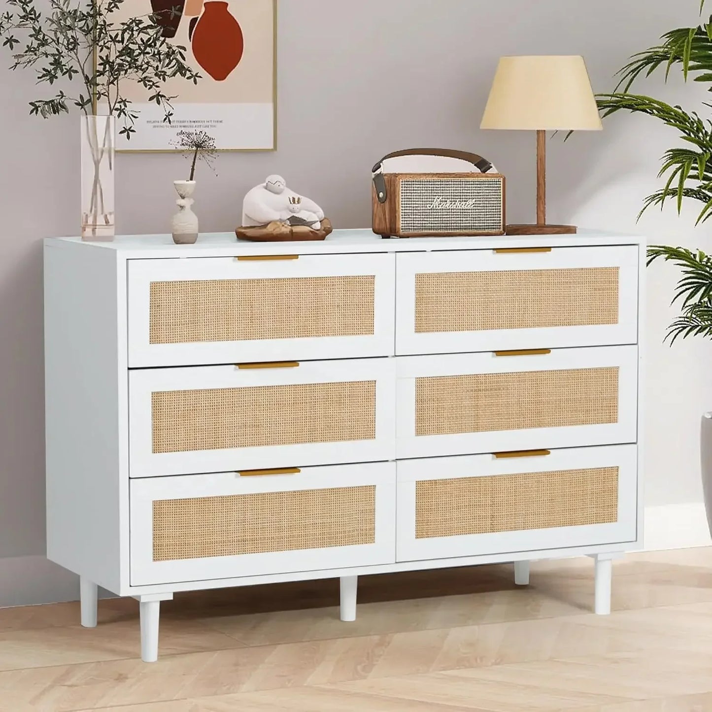 ELIANNA Modern Rattan 6-Drawer Dresser - 43.3" Wide Wood Storage Chest