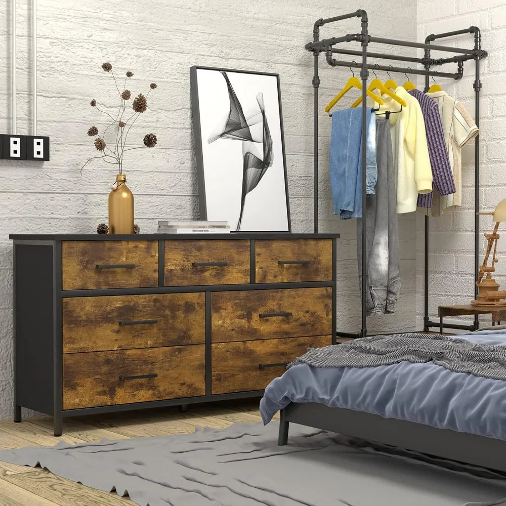 DAHLIA Rustic Industrial 7-Drawer Wood Storage Dresser - 47.2" Wide