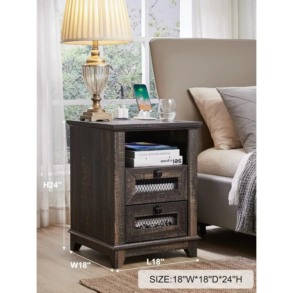 DREAM Farmhouse Nightstand with Charging Station & Mesh Drawers
