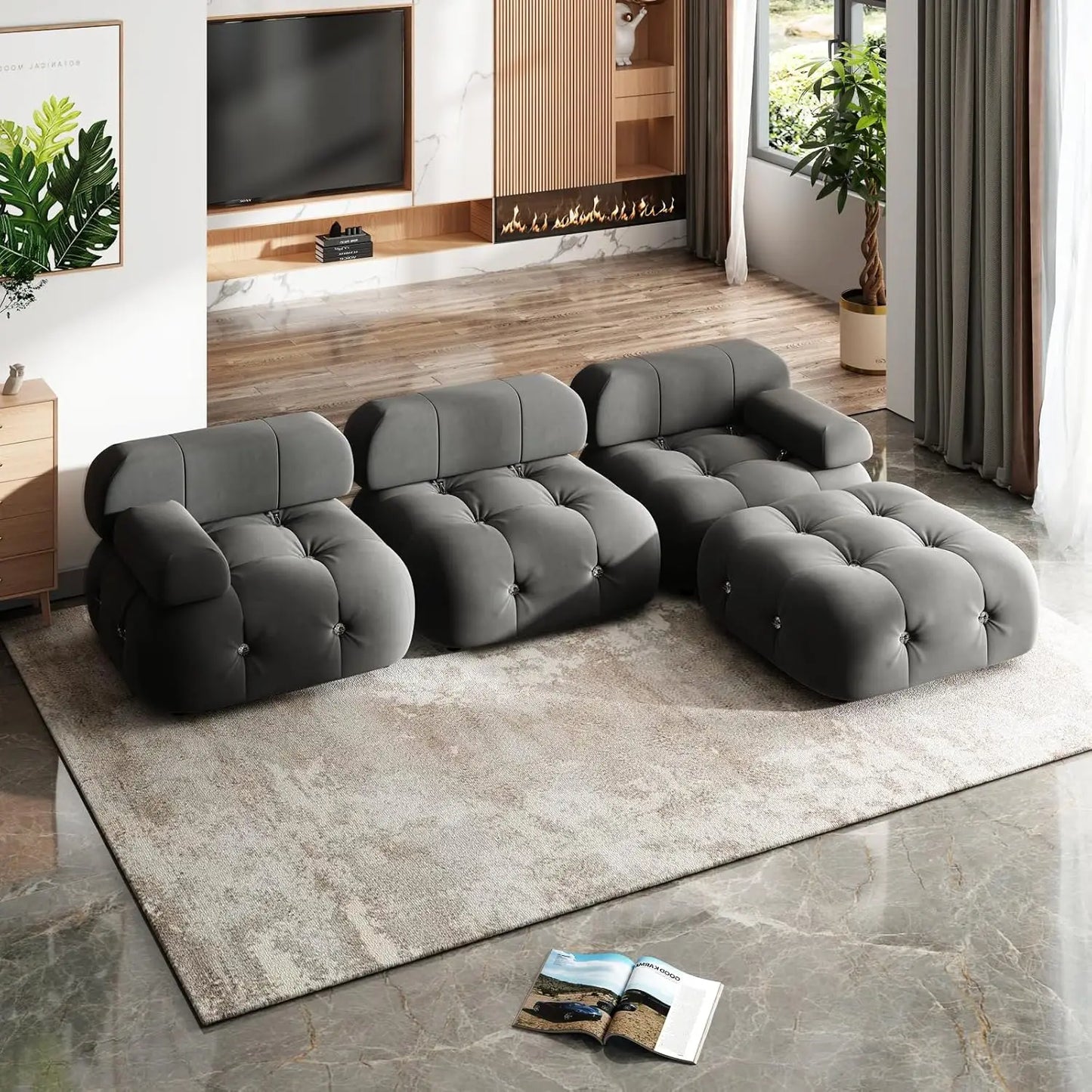 ALIVIA Modern Bubble Modular Velvet Sectional Sofa – L-Shaped Convertible 3-Seater Couch | 103.5"W