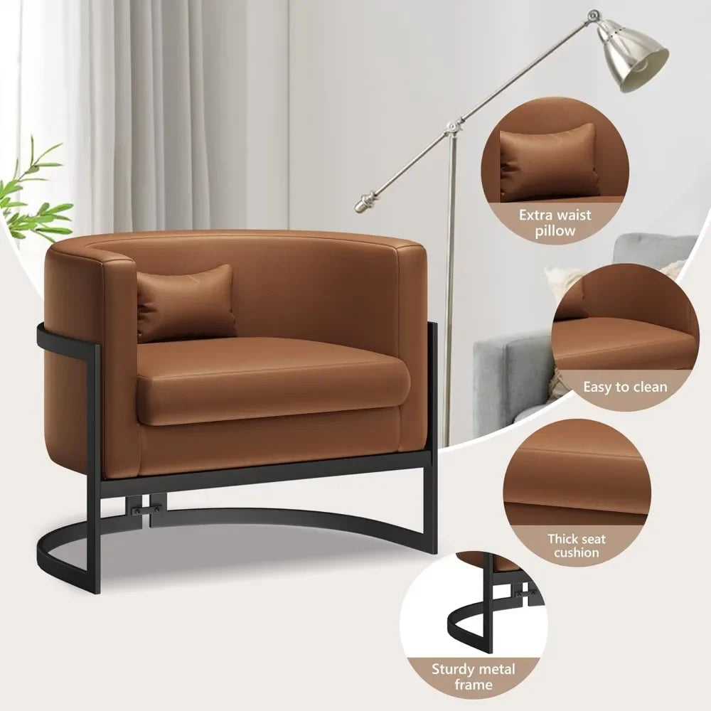 MICAH Brown Faux Leather Barrel Accent Chair – Modern Upholstered Armchair - 31" W