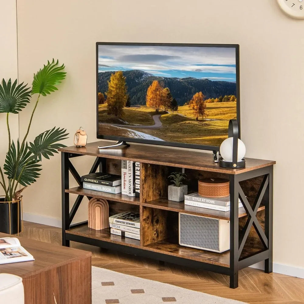 TV Stand for TVs up to 55 Inches, 47" Farmhouse Entertainment Center with 4 Open Shelves & Built-in Cable Holes