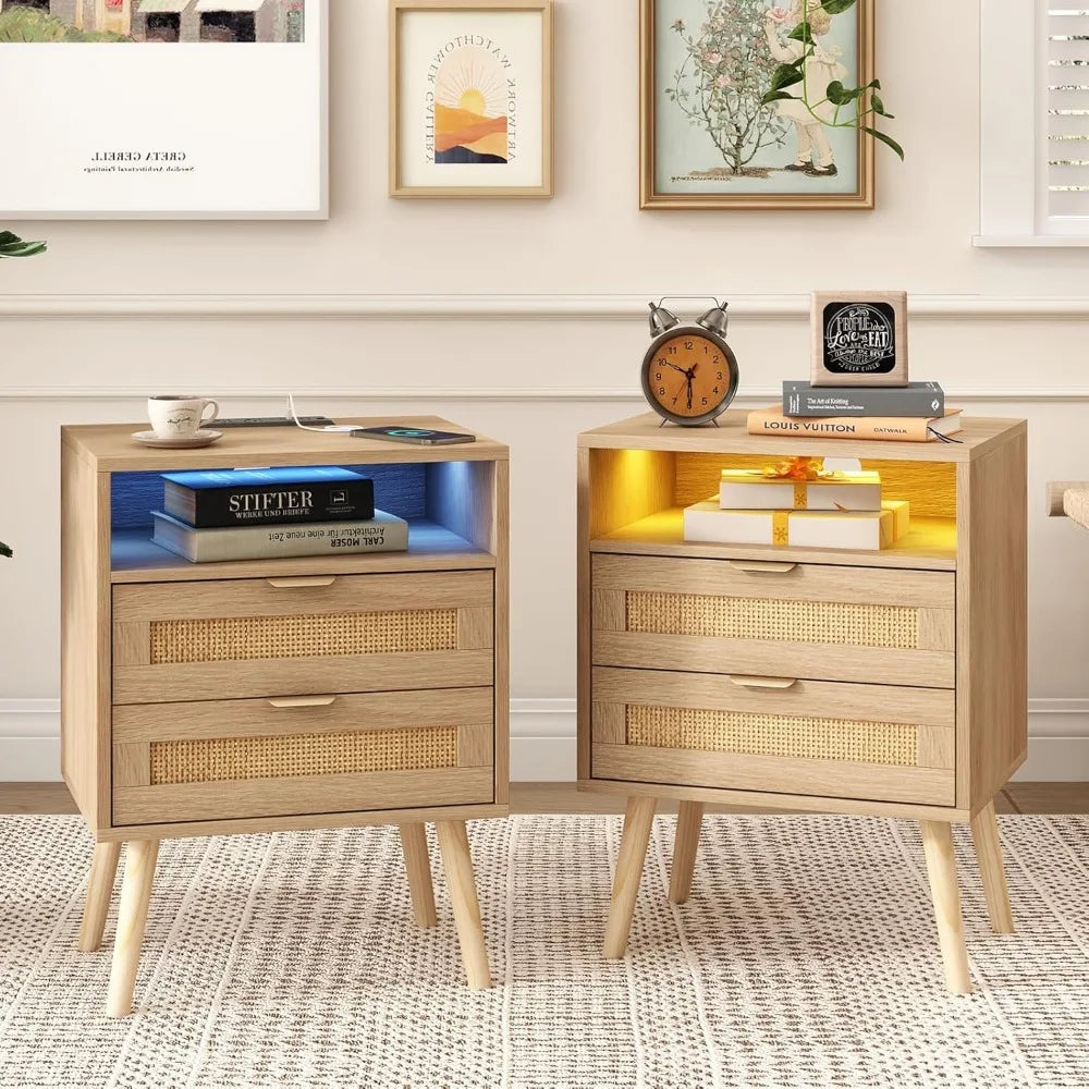JAYLA Boho Rattan Nightstand with LED & Charging Station – 17.72'' Wide, 2-Drawer Bedside Table