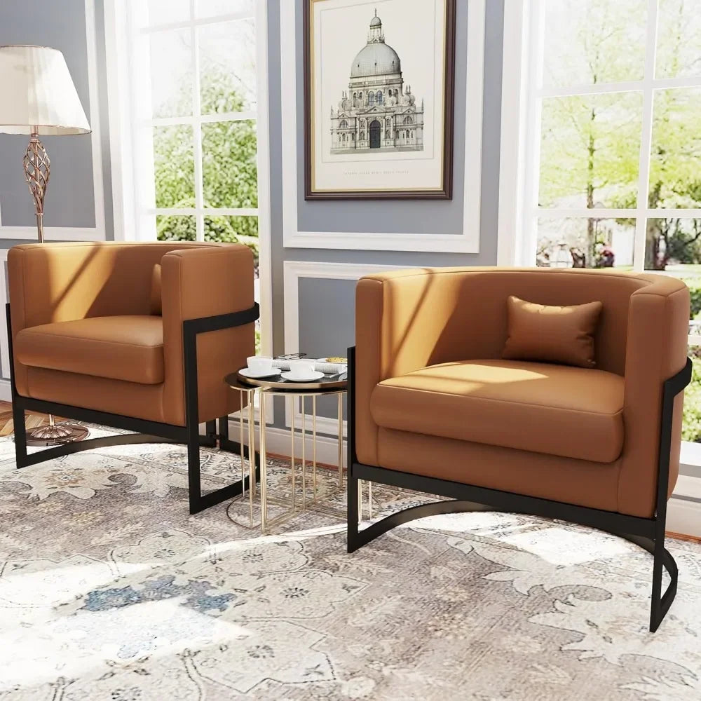 MICAH Brown Faux Leather Barrel Accent Chair – Modern Upholstered Armchair - 31" W