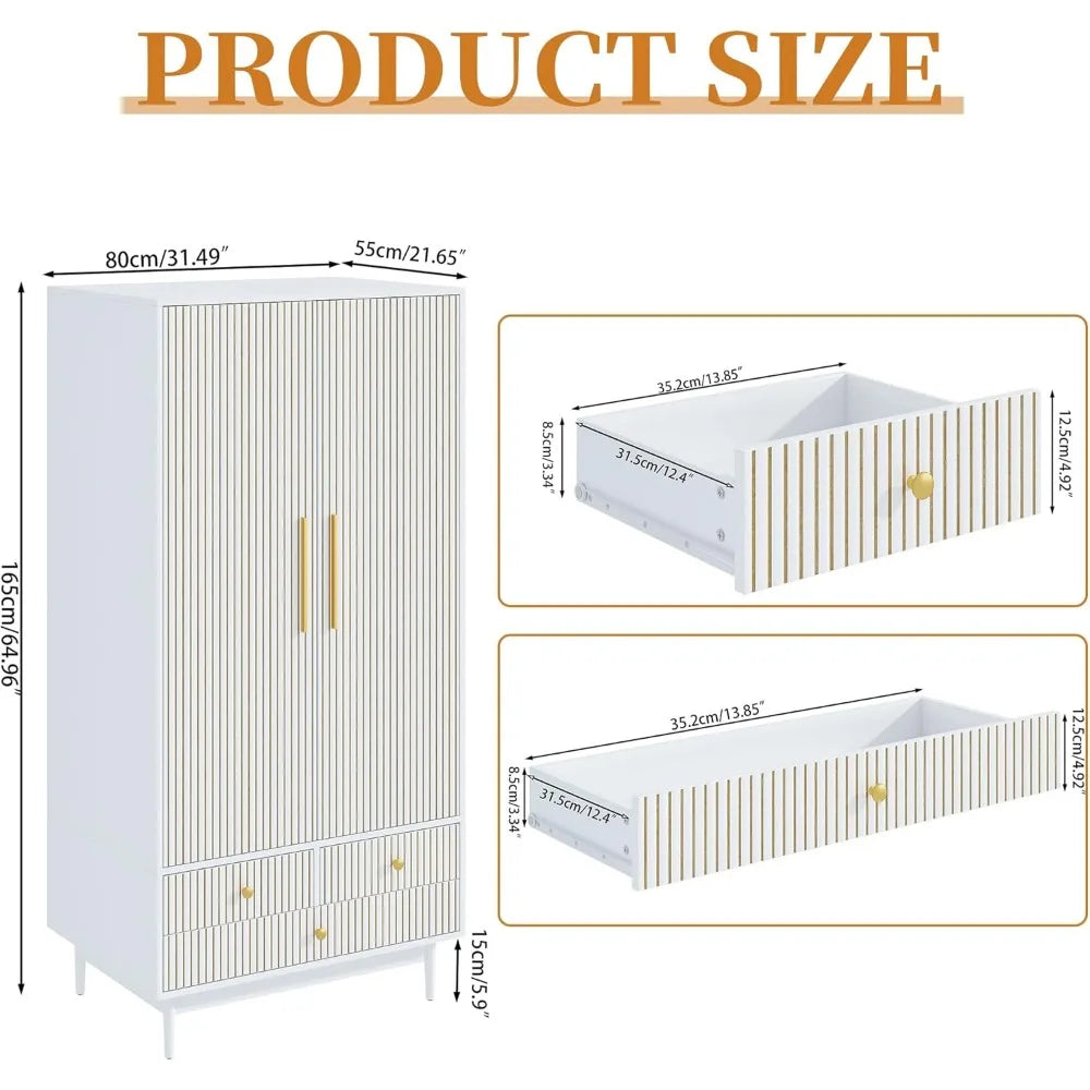 SUNNY Modern Fluted Double-Door Wardrobe Closet Set – 63'' Wide Wooden Bedroom Armoire