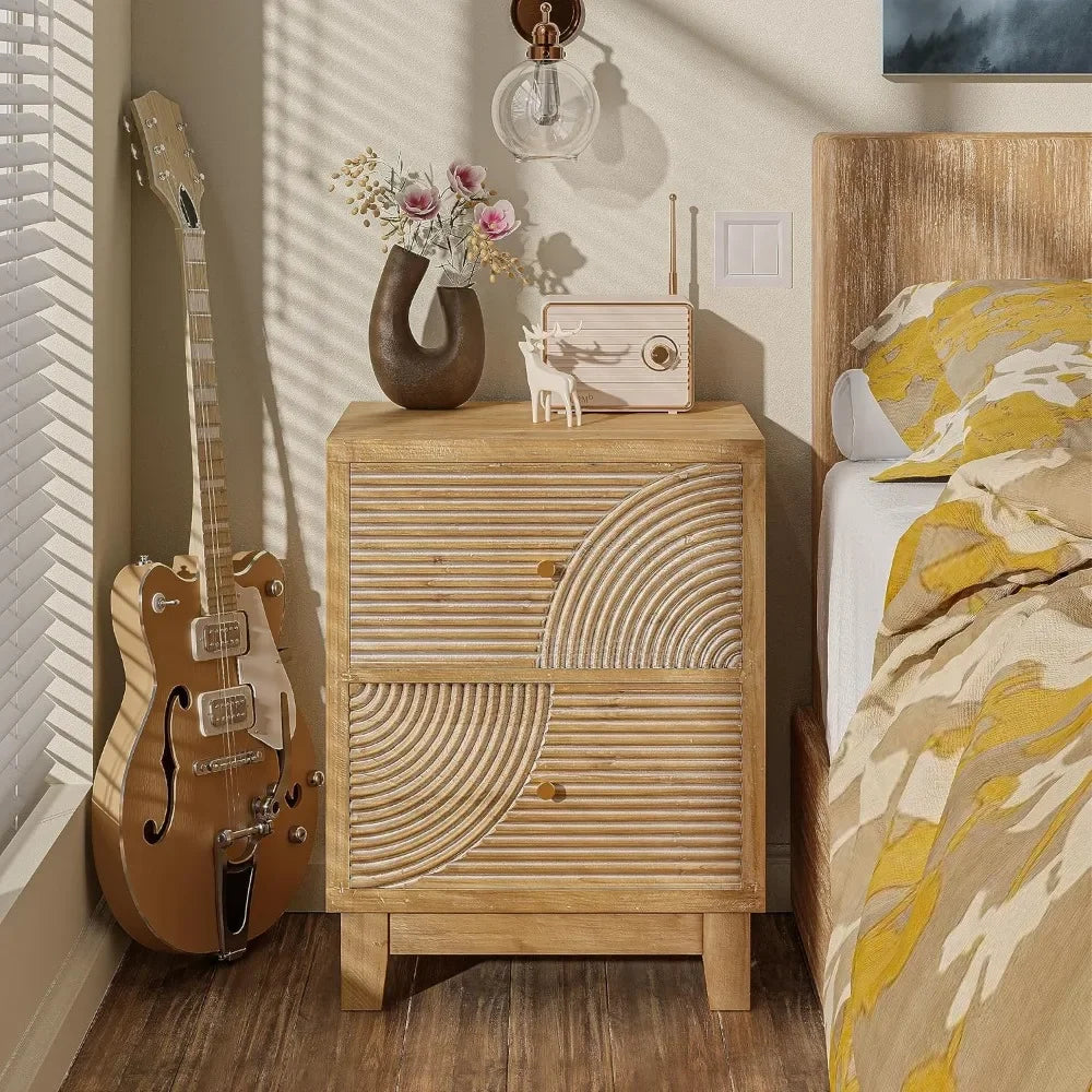 ADELYNN Farmhouse Boho Nightstand with Handcrafted Wood Ring Pattern - 18.5"W
