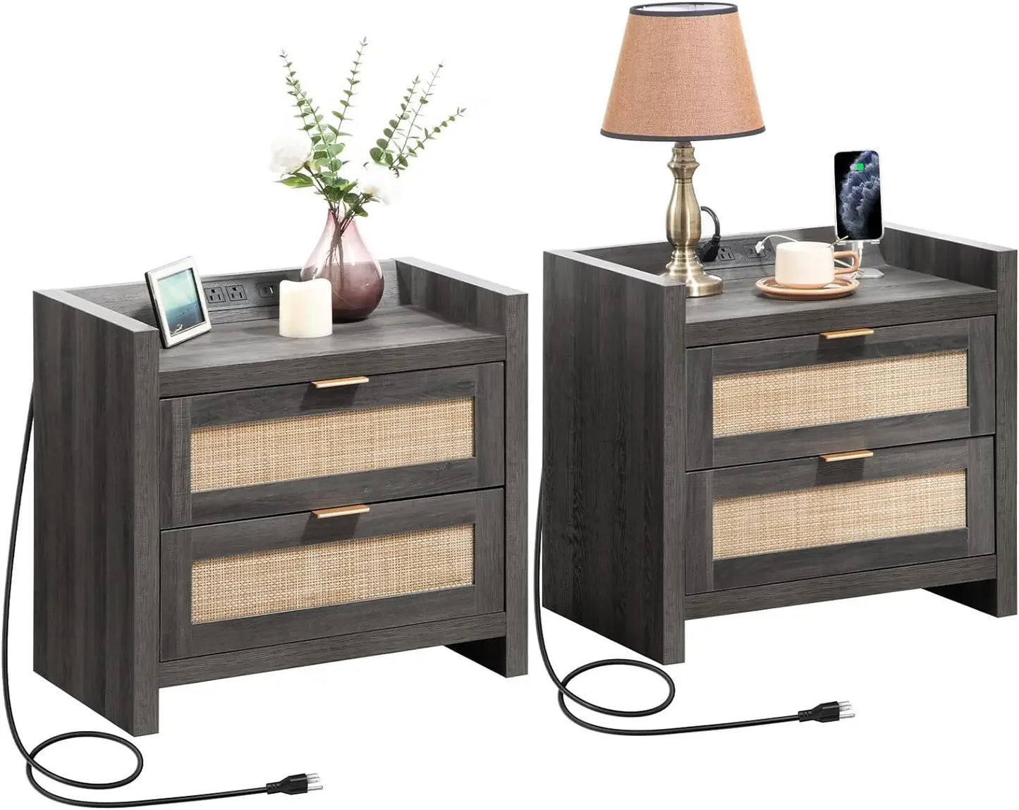 LAUREN Farmhouse Oak Rattan Nightstand Set – 23.6" Wide 2-Drawer Bedside Table with Type-C Charging Station