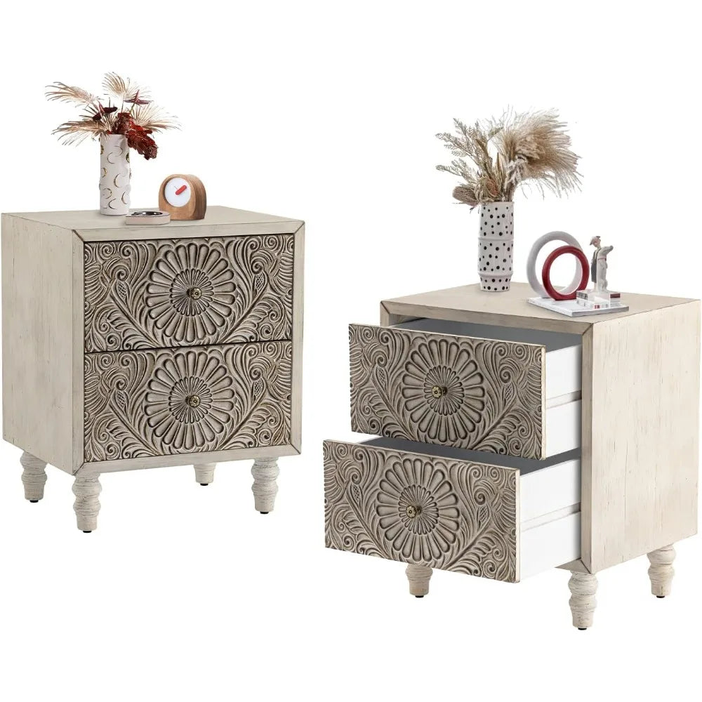 HOPE Vintage Floral Carved Wooden Nightstand Set – 18" Wide Bedside Table with 2 Drawers