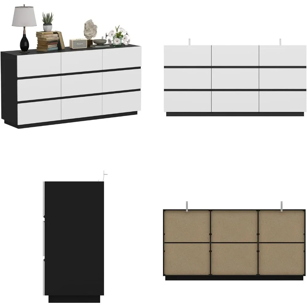 LEIA Modern 9-Drawer Wide Dresser – Sleek Black & White Chest of Drawers
