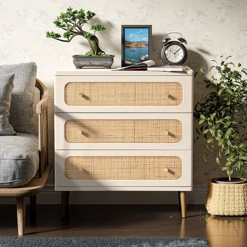 MEADOW Boho Rattan 3-Drawer Dresser - Farmhouse Wooden Storage Cabinet 26"W