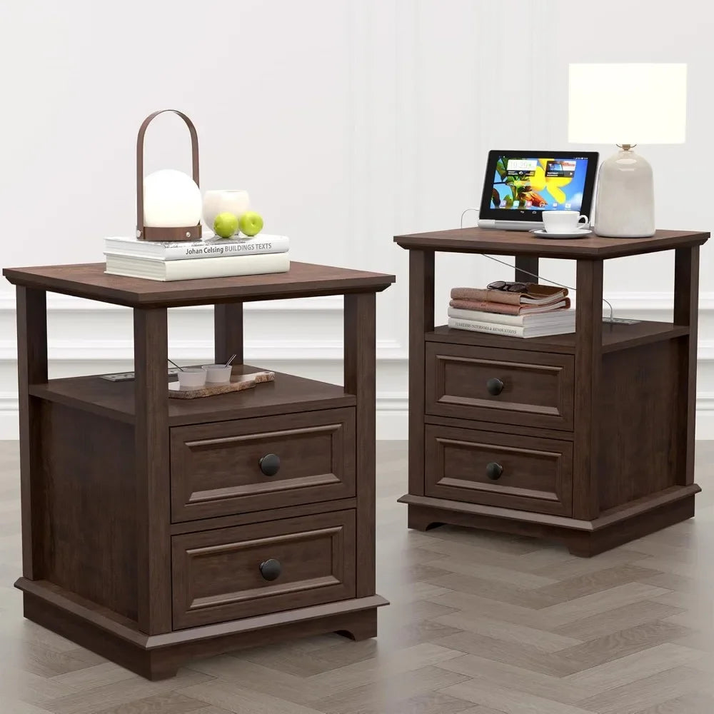 ALAYNA Rustic End Table with Charging Station & Storage Drawers