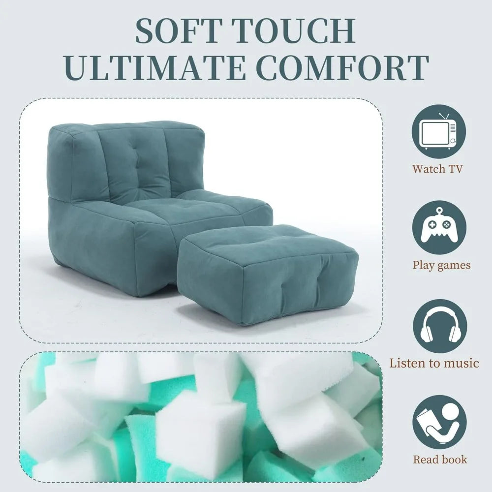 MIRA Modern Soft Microfiber Bean Bag Lounge Chair with Ottoman – Sofa Chair 36.5''W
