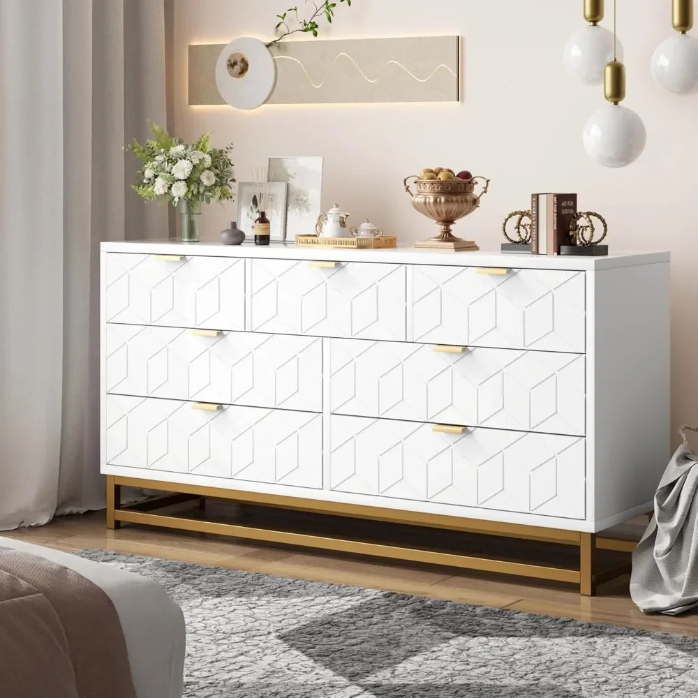 EVANGELINE Modern Geometric 7-Drawer Dresser - 53.5" Wide Storage Chest with Gold Metal Legs