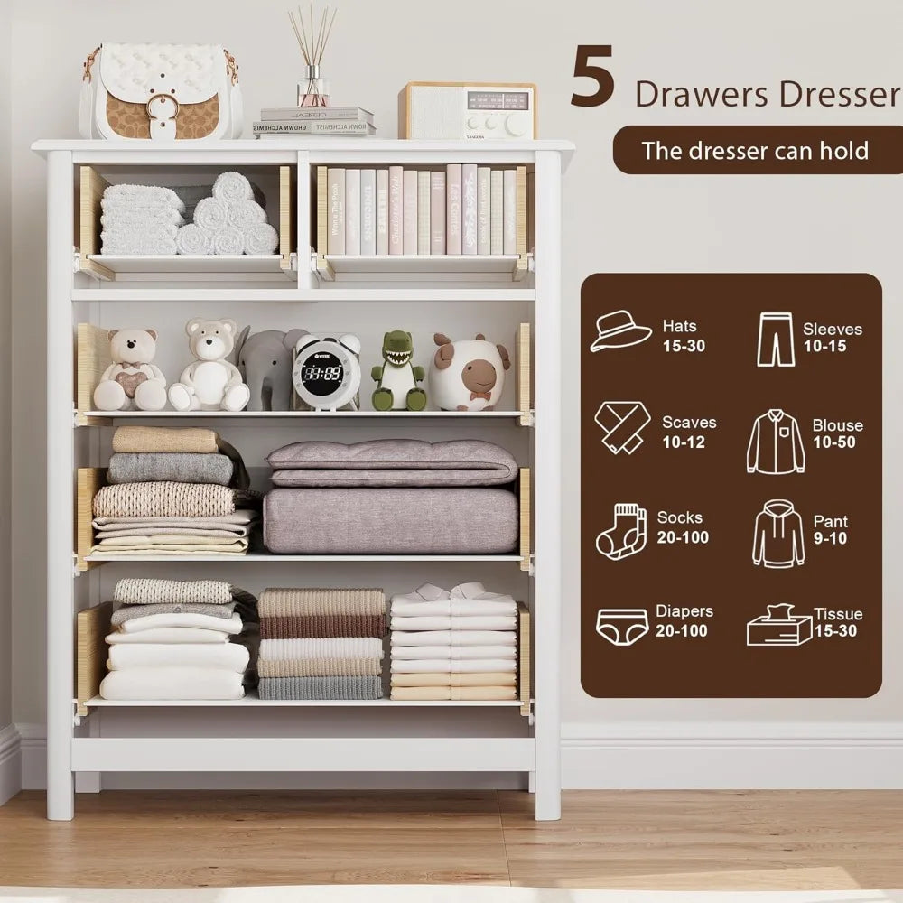 LENNON Classic 5-Drawer Wooden Dresser - Minimalist Tall Storage Chest - 29''
