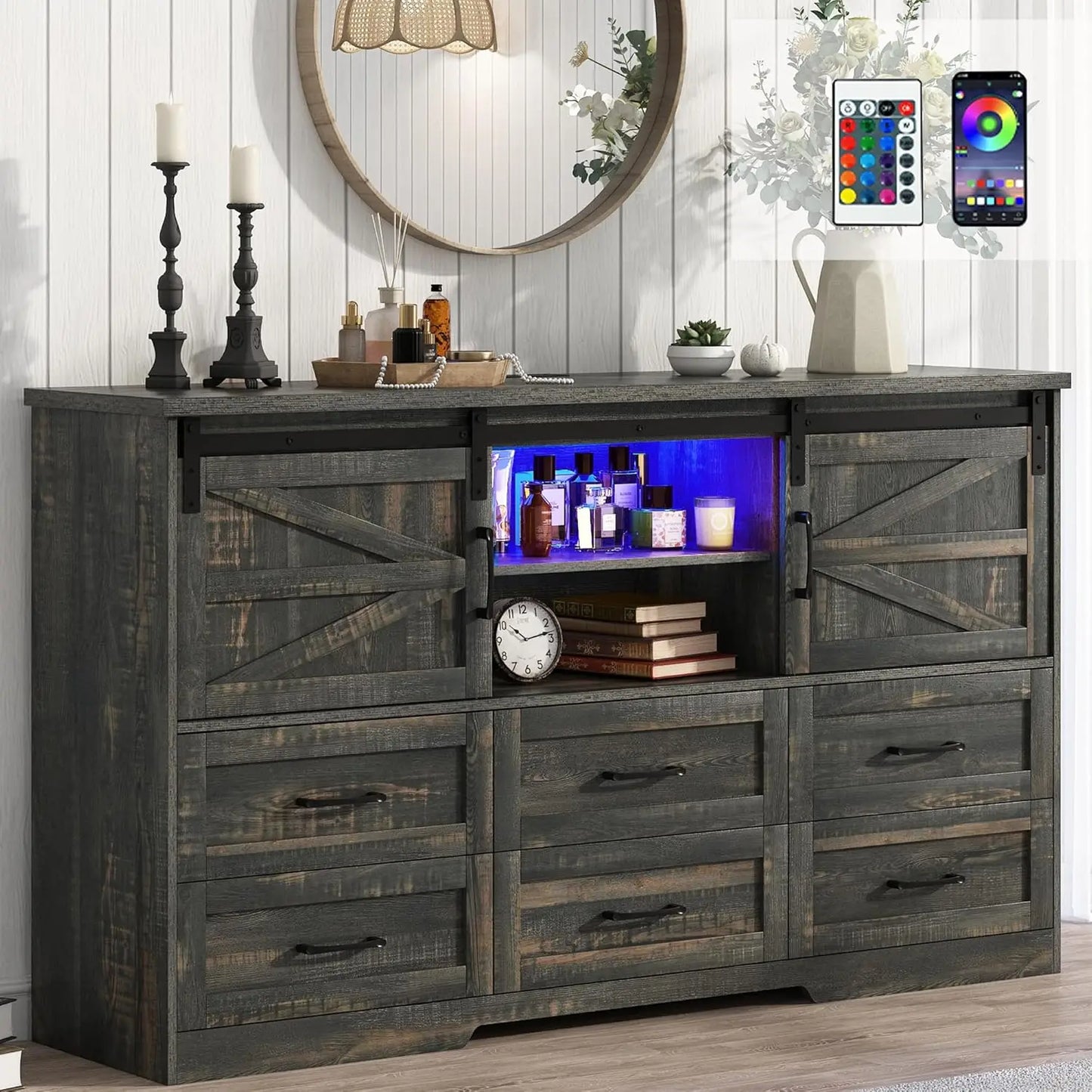 GRACIE Rustic Farmhouse 6-Drawer Dresser with LED Lights & Sliding Barn Doors