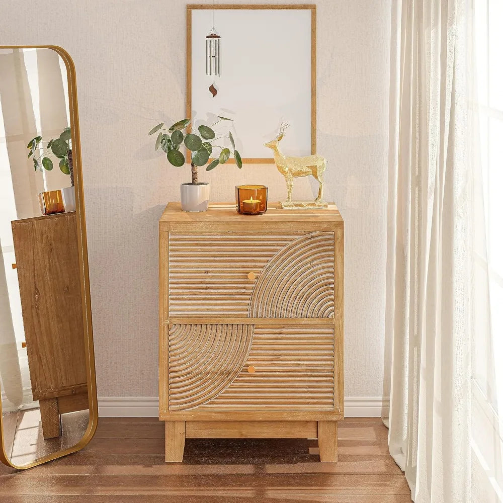 SYDNEY Mid Century Wooden Bedside Table with Handcrafted Ring Pattern, 2-Drawer