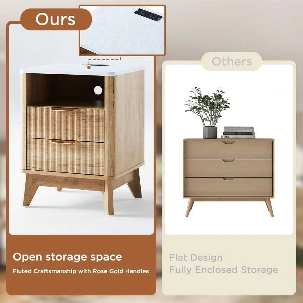 LUCIANA Fluted Farmhouse Nightstand Set of 2 with Charging Statio