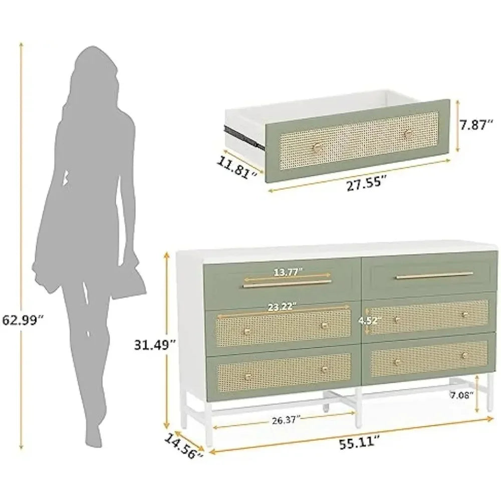 SUTTON Modern Rattan 6 Drawer Dresser - 55" Wood Storage Chest
