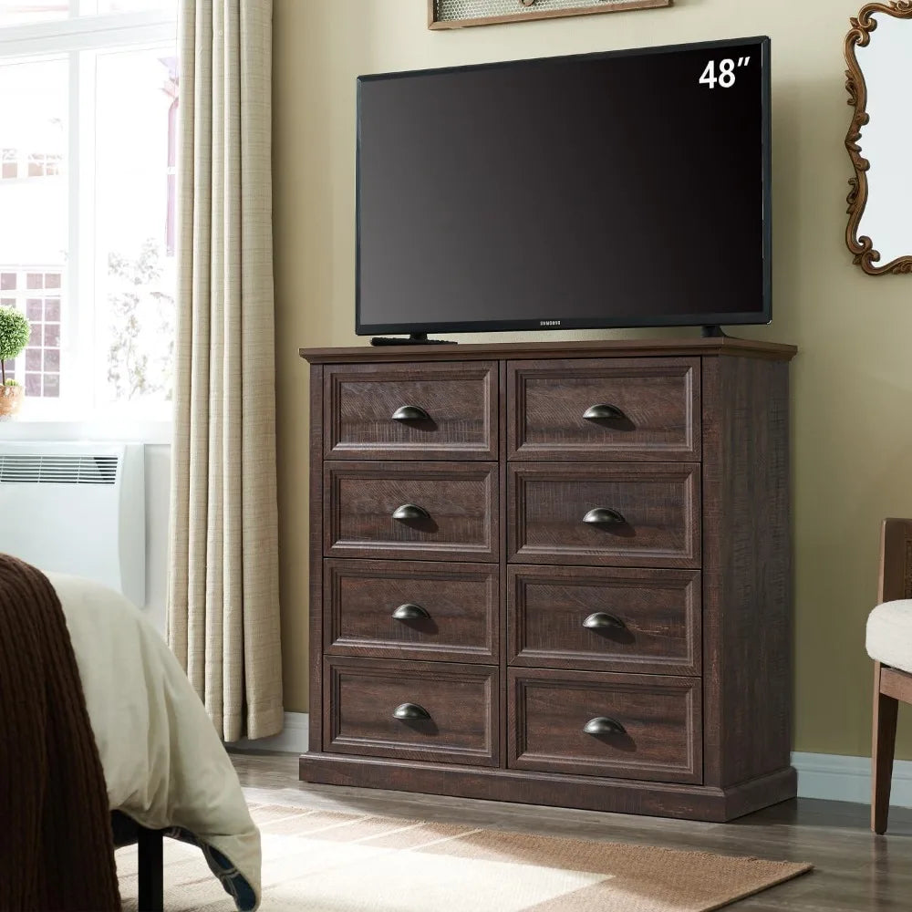 CAMILLE Rustic Farmhouse 8-Drawer Wooden Dresser – Tall Storage Chest | 42'' W